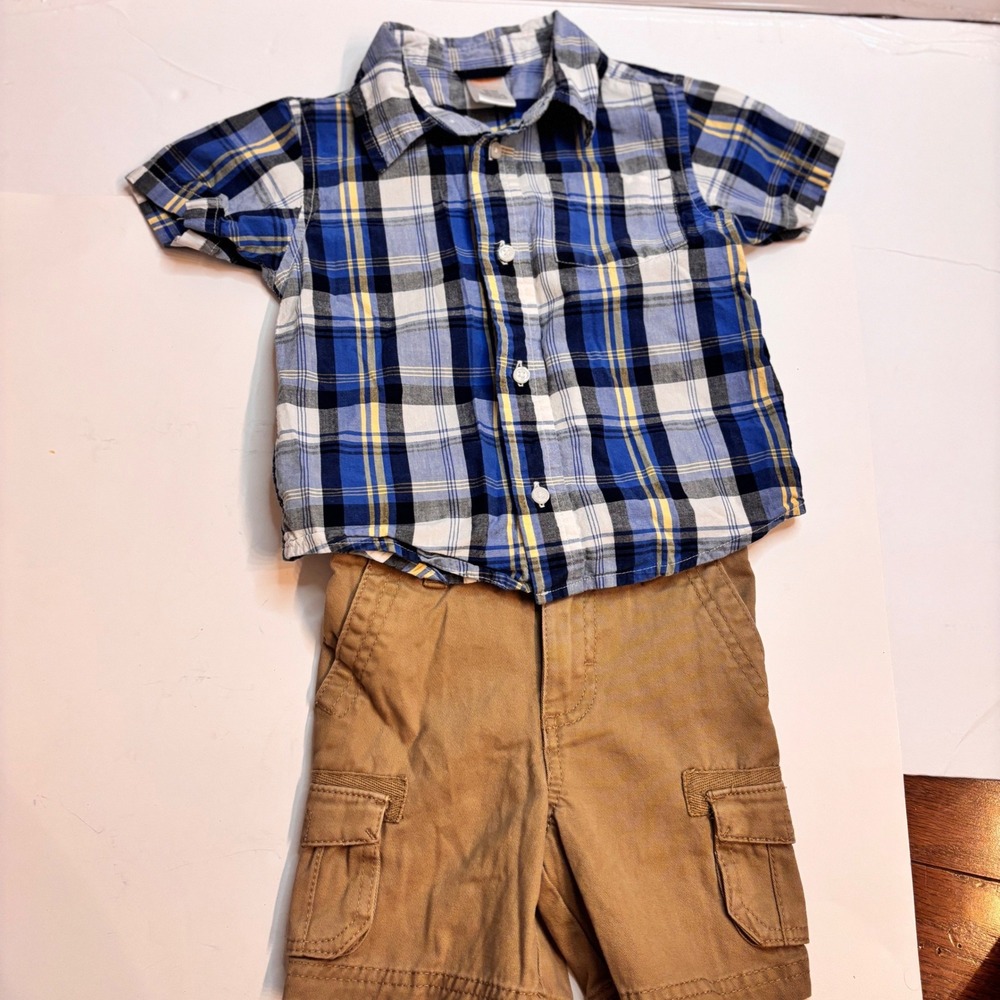 Cherokee Boys Plaid Short Sleeve‎ Button Down Shirt Khaki Cargo Shorts Set 18M